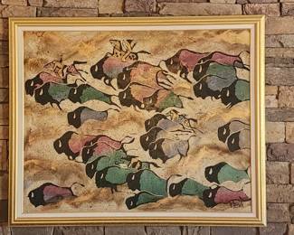 Large Lee Reynolds Textured Canvas Buffalo Native Painting MCM