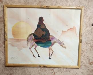 JC Madden Watercolor Print On Horse at Sunset Vintage