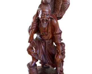 Vintage Wood Carved Chinese Fisherman Statue