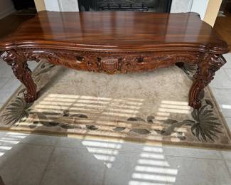 Unique Carved Wood Coffee Table with Lion Head and Claw Feet Legs