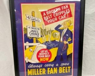 MILLER FAN BELT FRAMED PAPER AD 