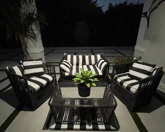 OUTDOOR SEATING AREA
Original Price $2000
NOW $500

Fabric:  Sunbrella Cushions
Material:  Heavy duty piping
Love Seat and 2 deep Chairs with 4 throw pillows
Center glass coffee table
