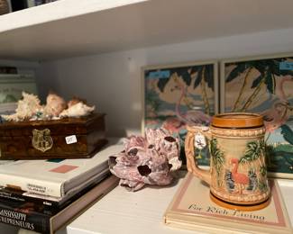 Shells and flamingos. Vintage Paint by number  And books - plenty
