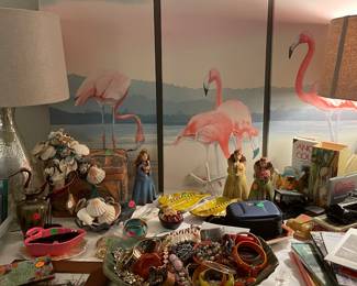 Flamingo triple set   Bowl of bracelets  books and shells. And great lamps 