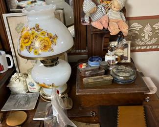 vintage lamp, leather wallets , old tins