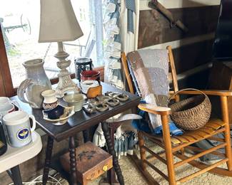 table , rocking chair , handmade quilt , handmade basket