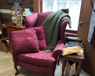 wingback chair, wool blanket 