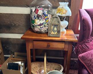 side table , large pickle jar with matches, vintage lamp 