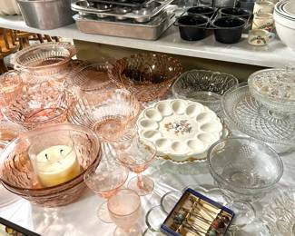 pink depression glass , deviled egg plates (just in time for Easter!)