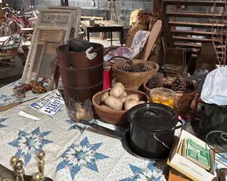 licenses plates, washboards , enamel ware pot and pan