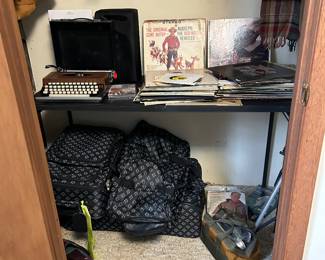 vintage LPs, luggage set, 
