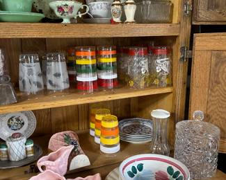 vintage glasses, pottery, crystal biscuit jar , jadeite cups 