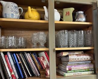 cookbooks, glasses, pitchers