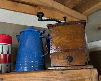1880's coffee grinder, enamel coffee pot 