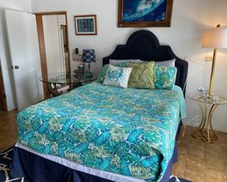 queen size bed, lamp table, lobster trap tile art -- not pictured decorative oars