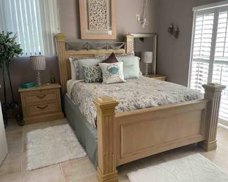 Fullsize designer bedroom set -- full size bed and frame, two side dressers and matching armoire. Two matching full length, silver frame mirrors. 
