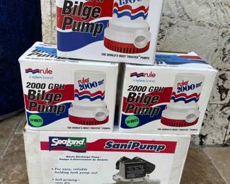 12v and 24v bilge pumps and parts -- also not pictured are deck plates and hatch pulls