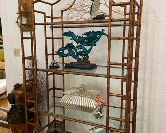 hollywood regency reproduction faux bamboo (metal) etagere with beveled glass shelves