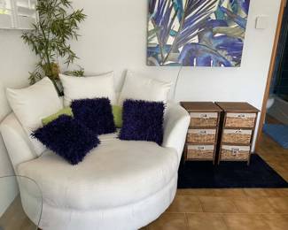 princess circular swivel chair and two small sidetables with basket storage. 