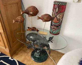 manatee coffee table, fish sculpture, small tiki light