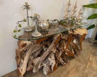 stunning driftwood base with glass top console table