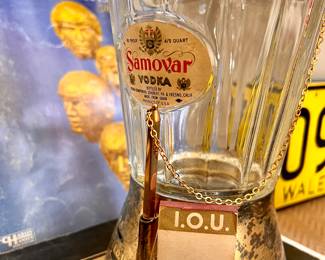 Vtg. Samovar Vodka bottle bank  w/ I.O.U. pad and pen 