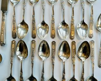 Large 137 piece set of antique Gorham “Saint Dunstan Chased” sterling silver flatware, monogrammed with “K”