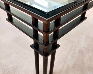 Mid Century Asian Modern bronze & glass 38” square coffee table