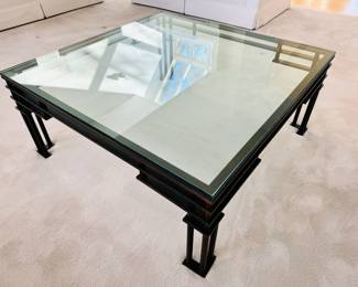 Mid Century Asian Modern bronze & glass 38” square coffee table