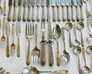 Large 137 piece set of antique Gorham “Saint Dunstan Chased” sterling silver flatware, monogrammed with “K”