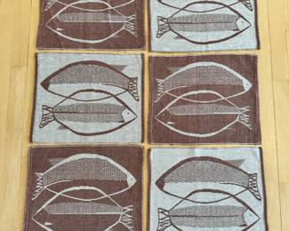 Set of 6 Mid Century woven placemats by Finnish artist Dora Jung titled, “Isot Kalat (Big Fish)”.
