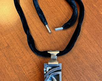 Unique & rare sterling silver pendant/brooch on velvet cord with silver tips by Mexican Modernist Salvador Teran 