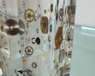 Vintage lucite “Clock Parts” pencil cup, attributed to Pierre Giraudon