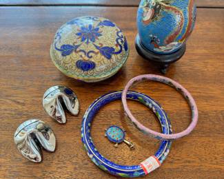 Chinese enameled items and two Lenox silver plate “Fortune Cookies”