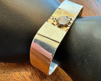 Vintage La Des Glanzer sterling silver, 14kt gold & moonstone abstract cuff bracelet, marked