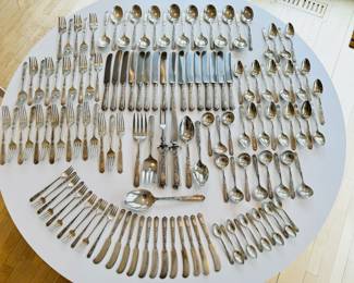 Large 137 piece set of antique Gorham “Saint Dunstan Chased” sterling silver flatware, monogrammed with “K”
