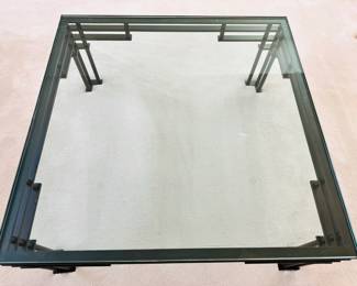 Mid Century Asian Modern bronze & glass 38” square coffee table