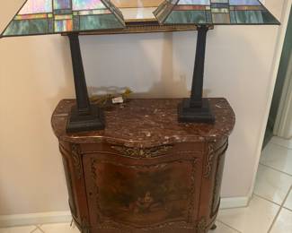 Antique Hand Painted Bombay Chest/Marble Top &  Matching Older Tiffany Style Table Lamps 