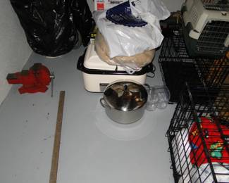 Cookware, roasters, and small dog kennels, and carriers too