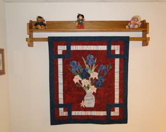 Quilt wall holder with shelf, and amazing, handmade quilt