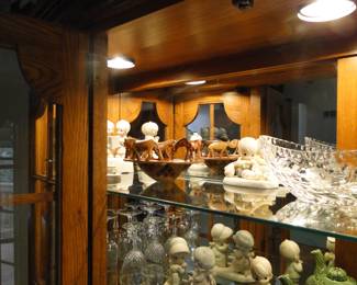 Hand carved wooden bowl, Precious Moments, and Crystal too