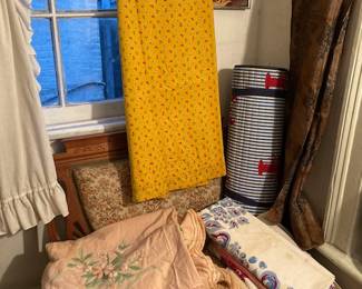 VINTAGE FABRICS AND CURTAINS. LOTS OF VINTAGE FABRIC SQUARES SUITABLE FOR QUILTING.