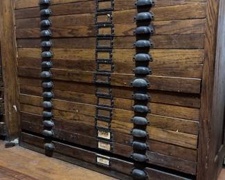 SIX ANTIQUE OAK FLAT FILE CABINETS ALL WITH ORIGINAL HANDES AND LABEL PLATES