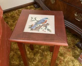 Hand cross stitched blue bird table