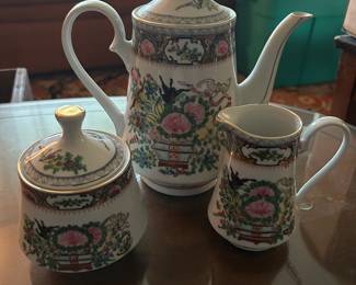 Chinese Vintage Tea Set, Teapot Teacups Saucers, 3 pc Antique Porcelain, Famille Rose, Gold Trim, Hand Painted, Floral, Guangcai