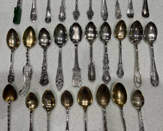 Sterling salt spoons, teaspoons and demitasse spoons. 