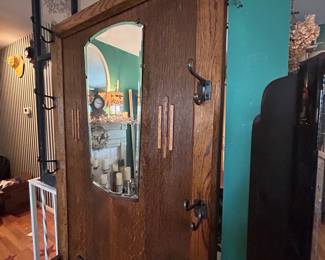 Larkin Victorian Tiger Oak Hall Tree Coat Hat Stand with Mirror and a Seat