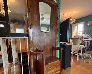 Larkin Victorian Tiger Oak Hall Tree Coat Hat Stand with Mirror and a Seat