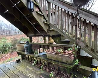 Planters, pots, bird houses, outdoor bench