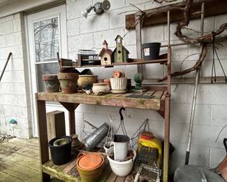 Planters, pots, bird houses, outdoor bench